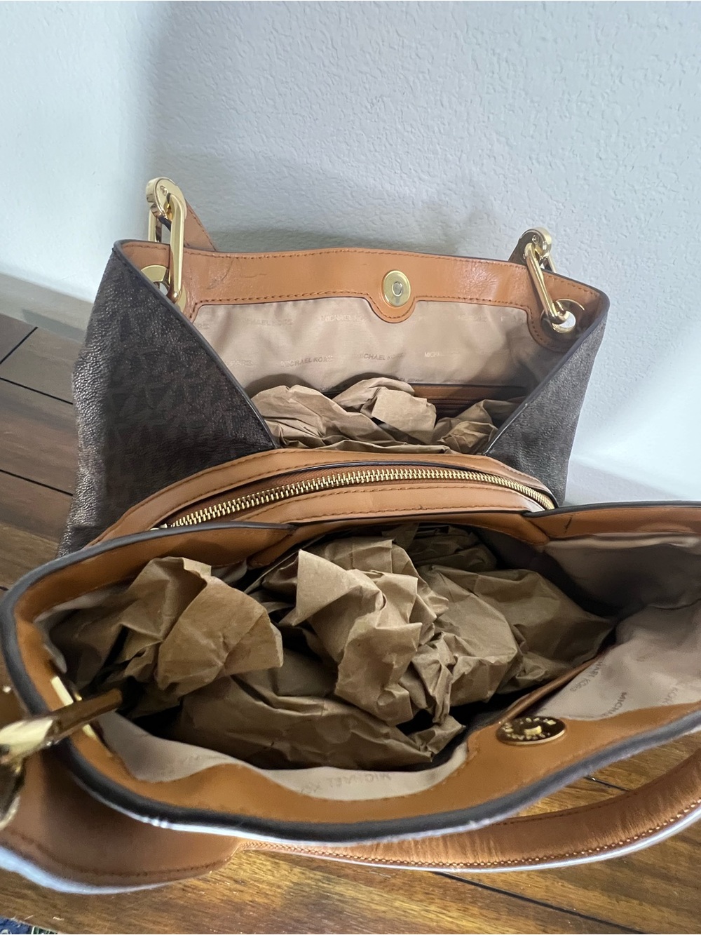 Michael Kors Brown MK Monogram Shoulder Tote with Gold Hardware - Picture 5 of 11